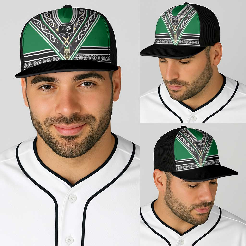 New Zealand Maori Rugby Baseball Net Cap Aotearoa Koru Geometric - Naturalistic Green