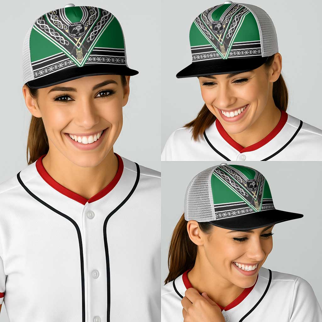New Zealand Maori Rugby Baseball Net Cap Aotearoa Koru Geometric - Naturalistic Green