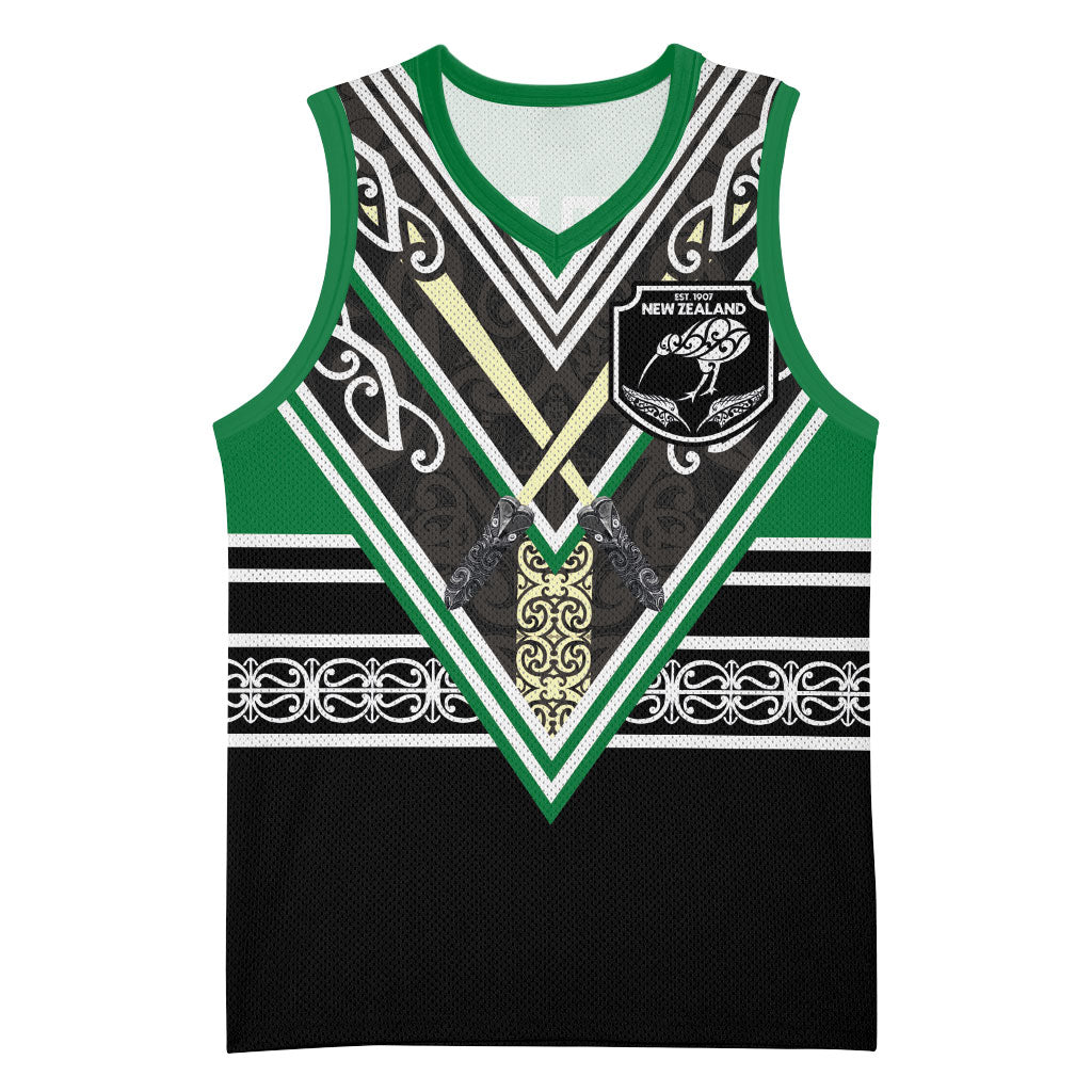 New Zealand Maori Rugby Custom Basketball Jersey Aotearoa Koru Geometric - Naturalistic Green
