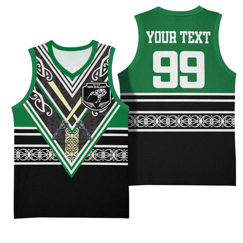 New Zealand Maori Rugby Custom Basketball Jersey Aotearoa Koru Geometric - Naturalistic Green
