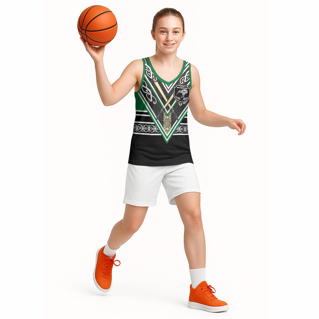 New Zealand Maori Rugby Custom Basketball Jersey Aotearoa Koru Geometric - Naturalistic Green