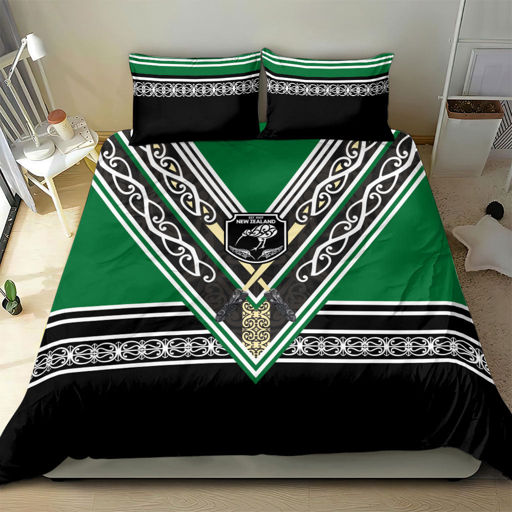 New Zealand Maori Rugby Bedding Set Aotearoa Koru Geometric - Naturalistic Green