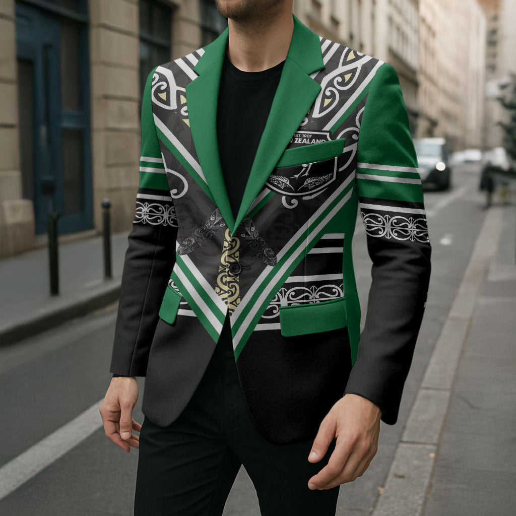 New Zealand Maori Rugby Custom Blazer Aotearoa Koru Geometric - Naturalistic Green