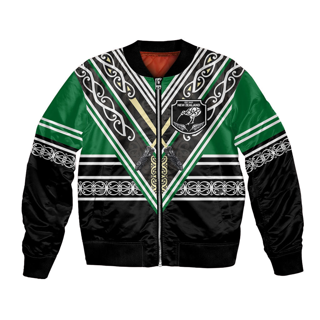 New Zealand Maori Rugby Custom Bomber Jacket Aotearoa Koru Geometric - Naturalistic Green
