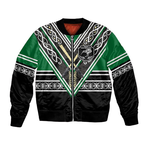 New Zealand Maori Rugby Custom Bomber Jacket Aotearoa Koru Geometric - Naturalistic Green