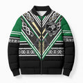 New Zealand Maori Rugby Custom Bomber Puffer Jacket Aotearoa Koru Geometric - Naturalistic Green