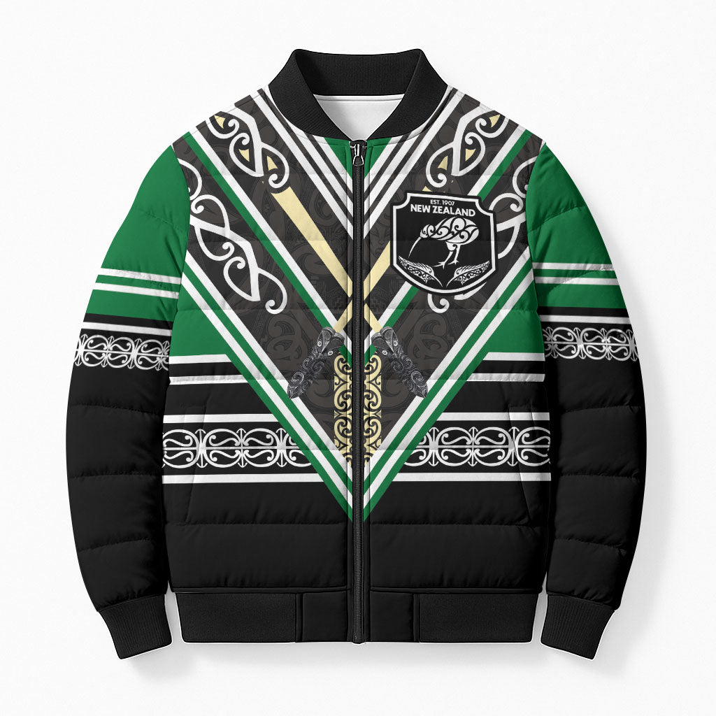 New Zealand Maori Rugby Custom Bomber Puffer Jacket Aotearoa Koru Geometric - Naturalistic Green
