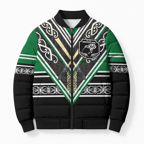 New Zealand Maori Rugby Custom Bomber Puffer Jacket Aotearoa Koru Geometric - Naturalistic Green