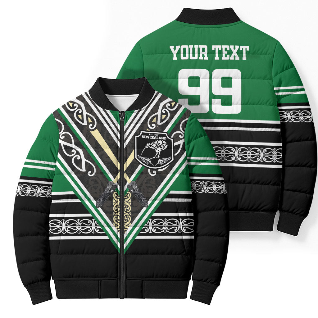 New Zealand Maori Rugby Custom Bomber Puffer Jacket Aotearoa Koru Geometric - Naturalistic Green