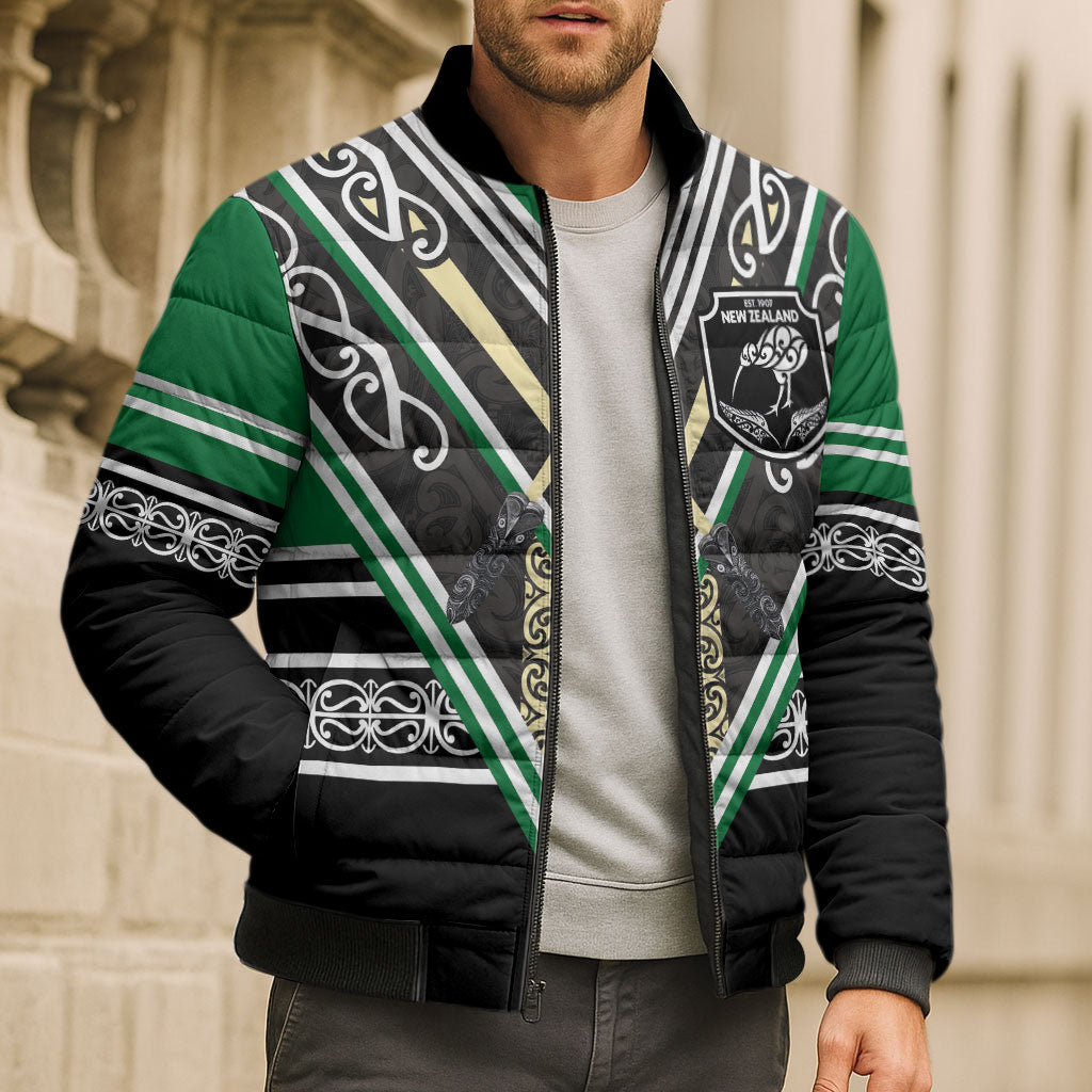 New Zealand Maori Rugby Custom Bomber Puffer Jacket Aotearoa Koru Geometric - Naturalistic Green