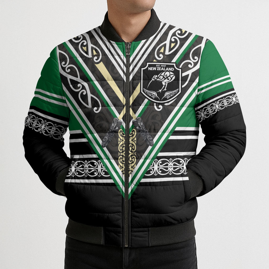 New Zealand Maori Rugby Custom Bomber Puffer Jacket Aotearoa Koru Geometric - Naturalistic Green