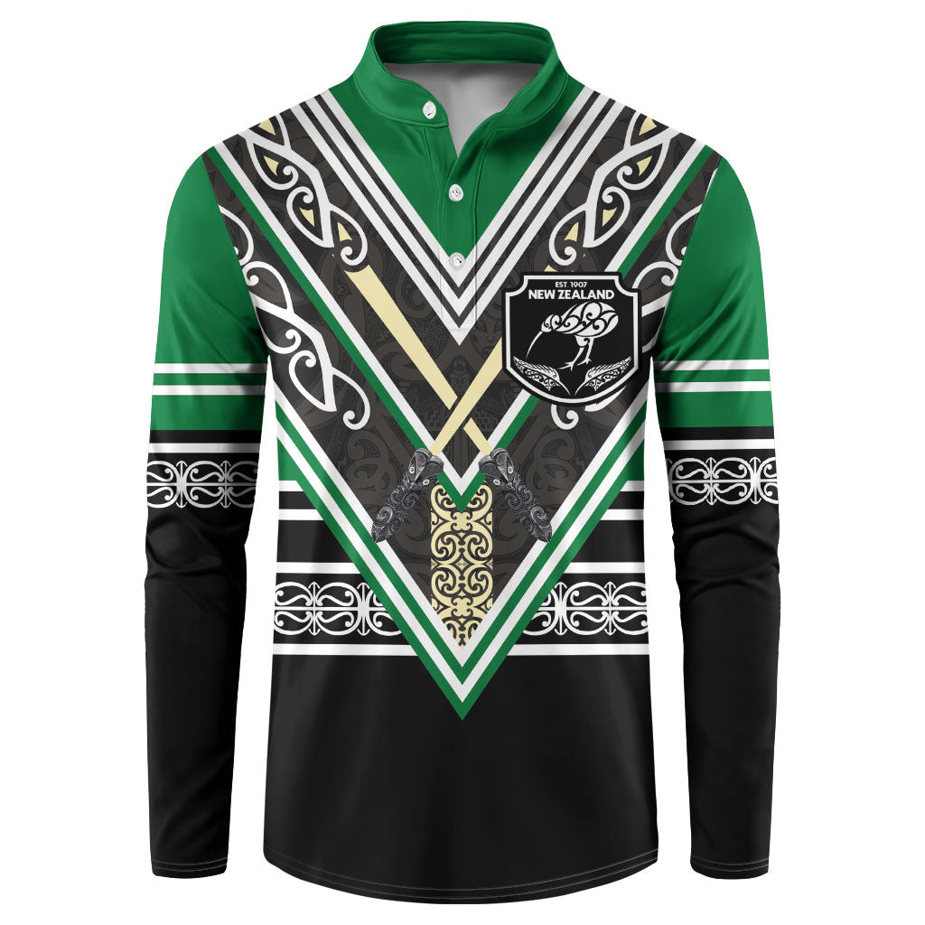 New Zealand Maori Rugby Custom Button Sweatshirt Aotearoa Koru Geometric - Naturalistic Green