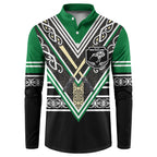 New Zealand Maori Rugby Custom Button Sweatshirt Aotearoa Koru Geometric - Naturalistic Green