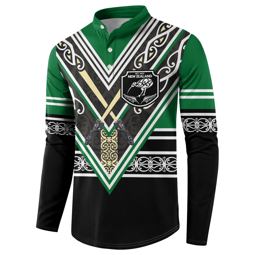 New Zealand Maori Rugby Custom Button Sweatshirt Aotearoa Koru Geometric - Naturalistic Green