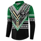 New Zealand Maori Rugby Custom Button Sweatshirt Aotearoa Koru Geometric - Naturalistic Green