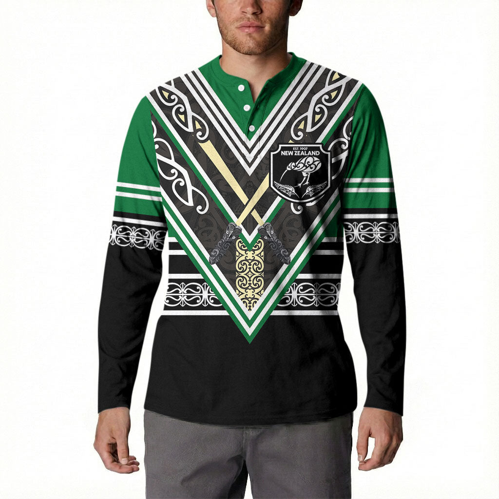 New Zealand Maori Rugby Custom Button Sweatshirt Aotearoa Koru Geometric - Naturalistic Green