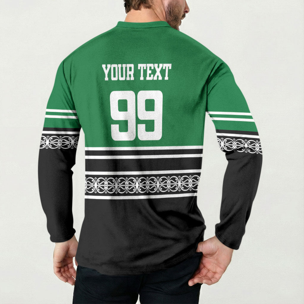 New Zealand Maori Rugby Custom Button Sweatshirt Aotearoa Koru Geometric - Naturalistic Green