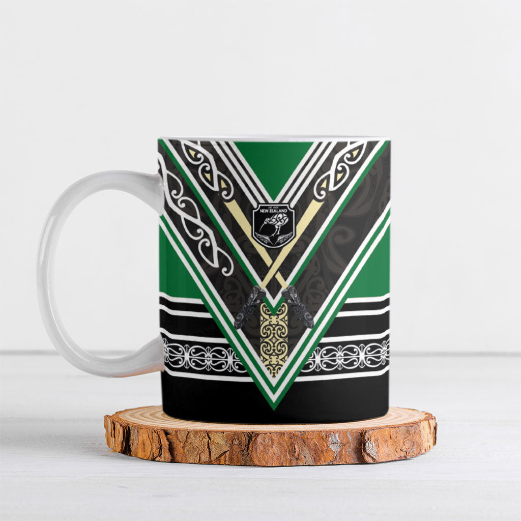 New Zealand Maori Rugby Ceramic Mug Aotearoa Koru Geometric - Naturalistic Green