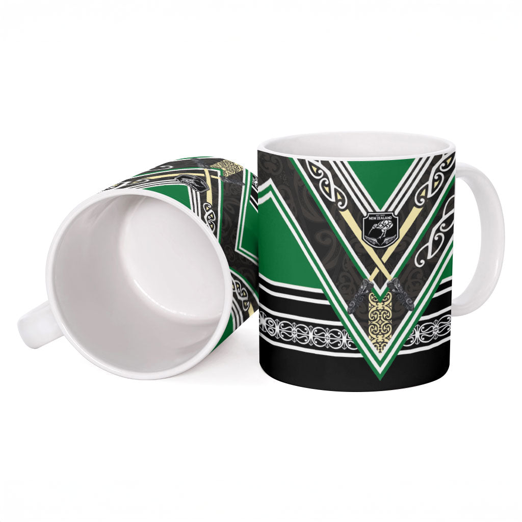 New Zealand Maori Rugby Ceramic Mug Aotearoa Koru Geometric - Naturalistic Green