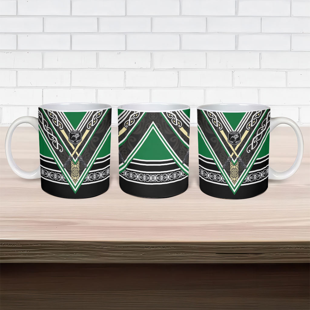 New Zealand Maori Rugby Ceramic Mug Aotearoa Koru Geometric - Naturalistic Green