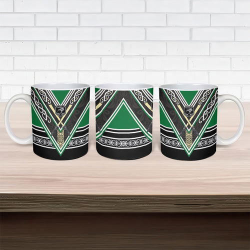 New Zealand Maori Rugby Ceramic Mug Aotearoa Koru Geometric - Naturalistic Green