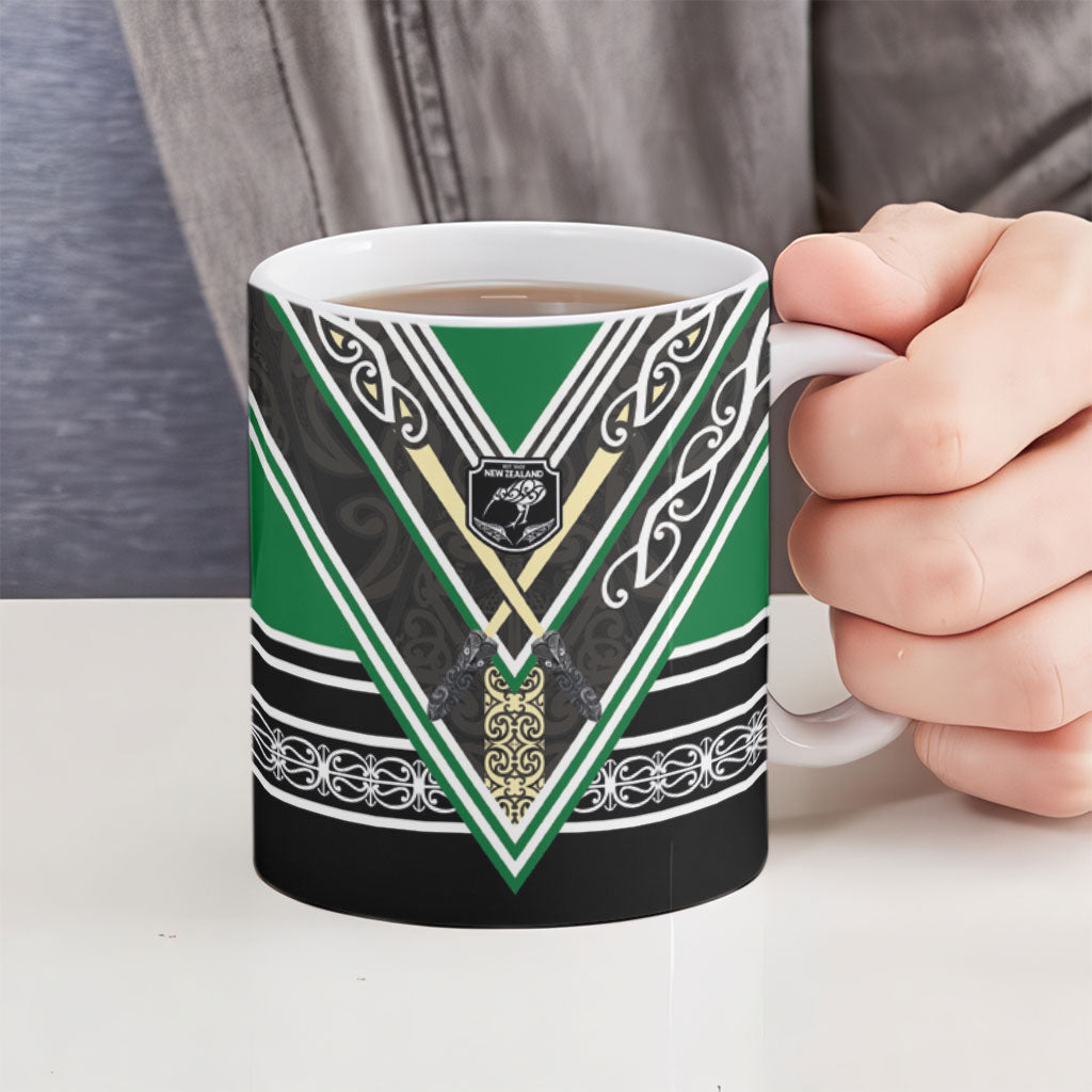 New Zealand Maori Rugby Ceramic Mug Aotearoa Koru Geometric - Naturalistic Green