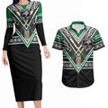 New Zealand Maori Rugby Custom Couples Matching Long Sleeve Bodycon Dress and Hawaiian Shirt Aotearoa Koru Geometric - Naturalistic Green