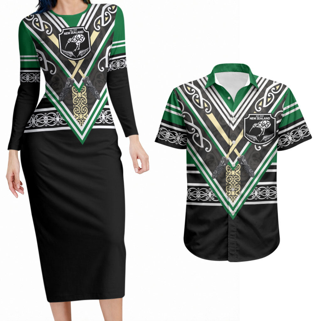 New Zealand Maori Rugby Custom Couples Matching Long Sleeve Bodycon Dress and Hawaiian Shirt Aotearoa Koru Geometric - Naturalistic Green