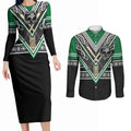 New Zealand Maori Rugby Custom Couples Matching Long Sleeve Bodycon Dress and Long Sleeve Button Shirt Aotearoa Koru Geometric - Naturalistic Green