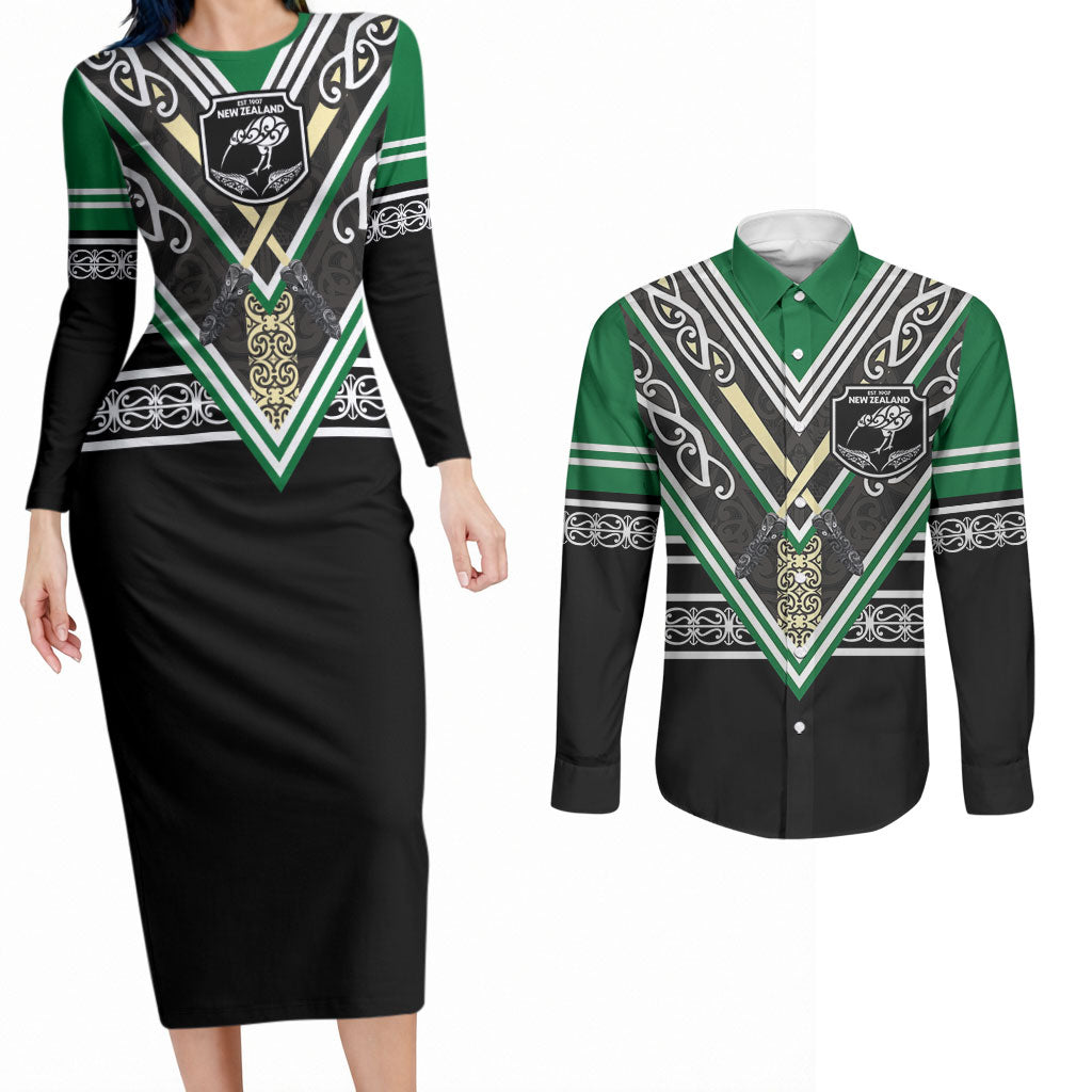 New Zealand Maori Rugby Custom Couples Matching Long Sleeve Bodycon Dress and Long Sleeve Button Shirt Aotearoa Koru Geometric - Naturalistic Green