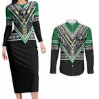 New Zealand Maori Rugby Custom Couples Matching Long Sleeve Bodycon Dress and Long Sleeve Button Shirt Aotearoa Koru Geometric - Naturalistic Green
