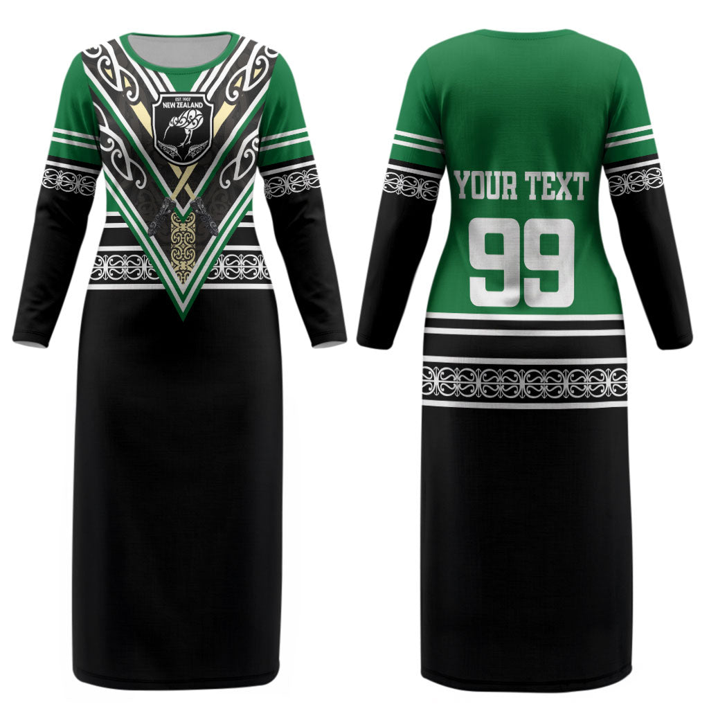 New Zealand Maori Rugby Custom Couples Matching Long Sleeve Bodycon Dress and Long Sleeve Button Shirt Aotearoa Koru Geometric - Naturalistic Green