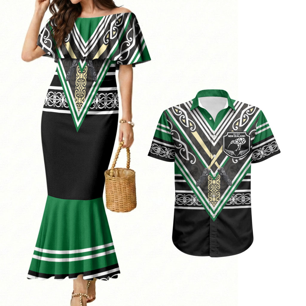 New Zealand Maori Rugby Custom Couples Matching Mermaid Dress and Hawaiian Shirt Aotearoa Koru Geometric - Naturalistic Green