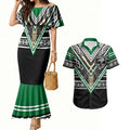 New Zealand Maori Rugby Custom Couples Matching Mermaid Dress and Hawaiian Shirt Aotearoa Koru Geometric - Naturalistic Green