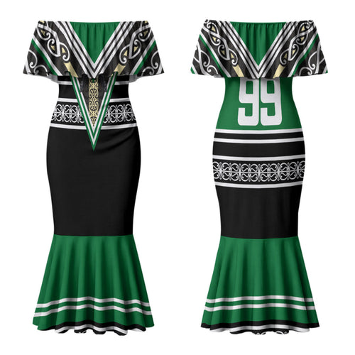 New Zealand Maori Rugby Custom Couples Matching Mermaid Dress and Hawaiian Shirt Aotearoa Koru Geometric - Naturalistic Green