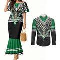 New Zealand Maori Rugby Custom Couples Matching Mermaid Dress and Long Sleeve Button Shirt Aotearoa Koru Geometric - Naturalistic Green