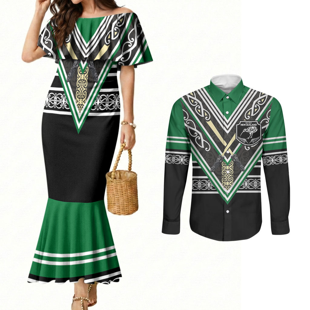 New Zealand Maori Rugby Custom Couples Matching Mermaid Dress and Long Sleeve Button Shirt Aotearoa Koru Geometric - Naturalistic Green