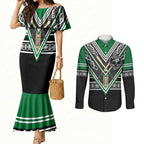 New Zealand Maori Rugby Custom Couples Matching Mermaid Dress and Long Sleeve Button Shirt Aotearoa Koru Geometric - Naturalistic Green