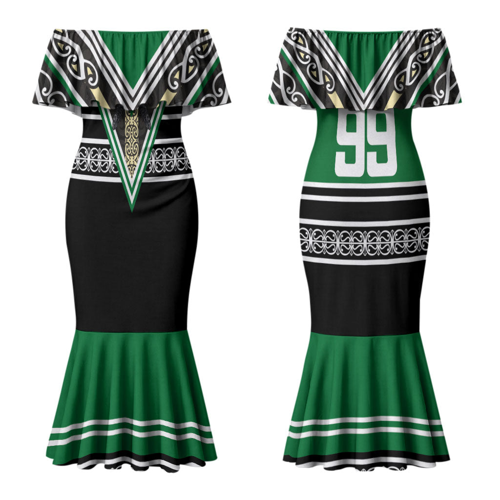 New Zealand Maori Rugby Custom Couples Matching Mermaid Dress and Long Sleeve Button Shirt Aotearoa Koru Geometric - Naturalistic Green