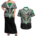 New Zealand Maori Rugby Custom Couples Matching Off Shoulder Maxi Dress and Hawaiian Shirt Aotearoa Koru Geometric - Naturalistic Green