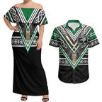 New Zealand Maori Rugby Custom Couples Matching Off Shoulder Maxi Dress and Hawaiian Shirt Aotearoa Koru Geometric - Naturalistic Green