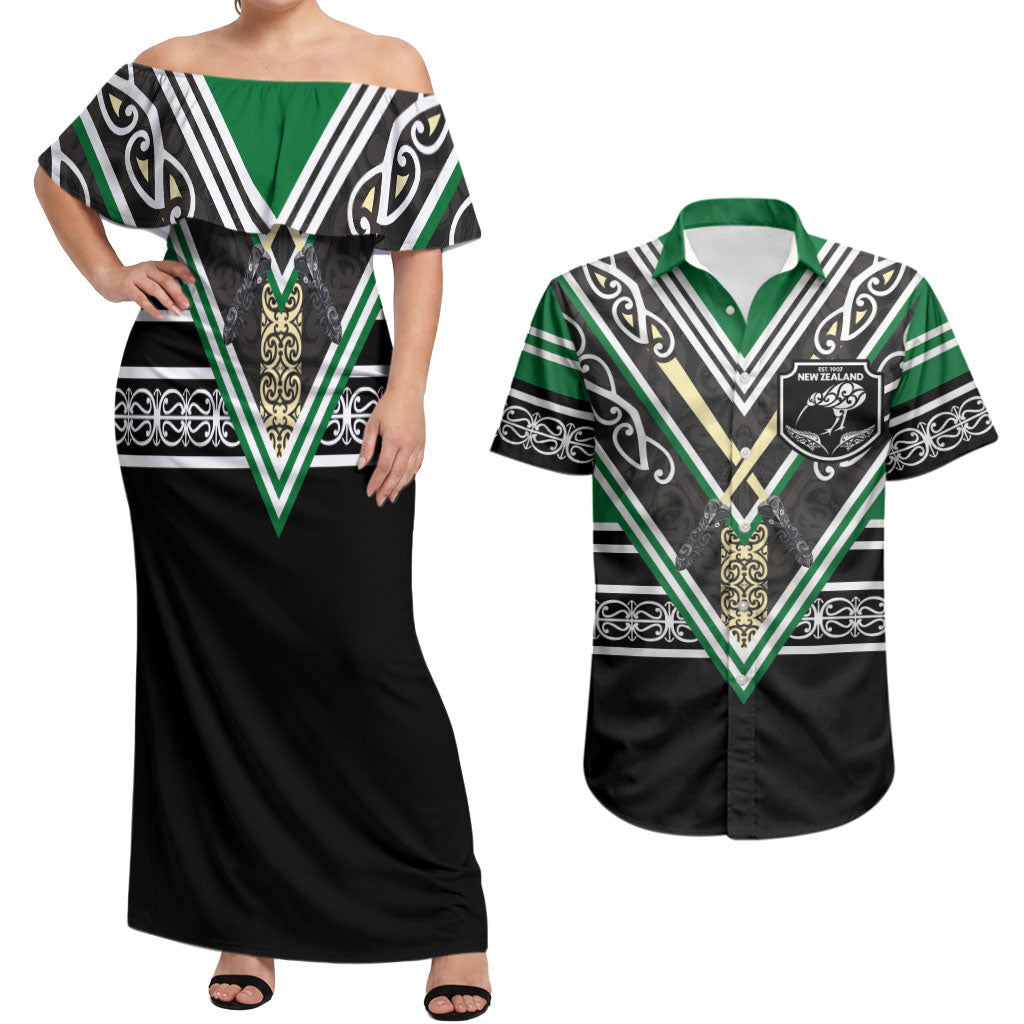 New Zealand Maori Rugby Custom Couples Matching Off Shoulder Maxi Dress and Hawaiian Shirt Aotearoa Koru Geometric - Naturalistic Green