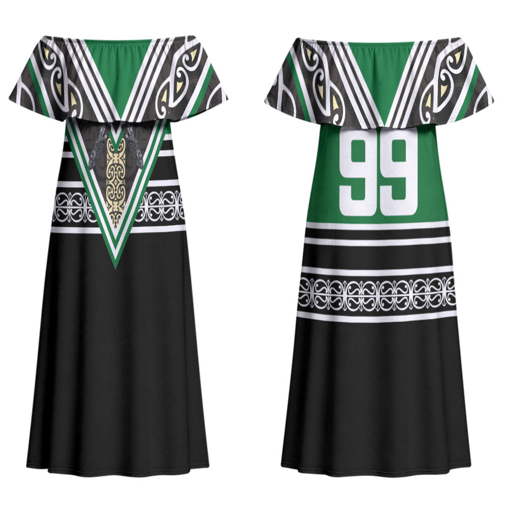 New Zealand Maori Rugby Custom Couples Matching Off Shoulder Maxi Dress and Hawaiian Shirt Aotearoa Koru Geometric - Naturalistic Green