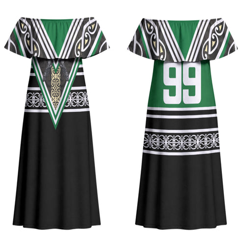 New Zealand Maori Rugby Custom Couples Matching Off Shoulder Maxi Dress and Hawaiian Shirt Aotearoa Koru Geometric - Naturalistic Green