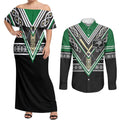 New Zealand Maori Rugby Custom Couples Matching Off Shoulder Maxi Dress and Long Sleeve Button Shirt Aotearoa Koru Geometric - Naturalistic Green