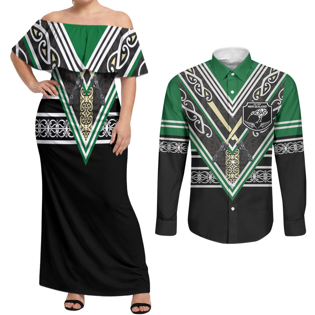 New Zealand Maori Rugby Custom Couples Matching Off Shoulder Maxi Dress and Long Sleeve Button Shirt Aotearoa Koru Geometric - Naturalistic Green