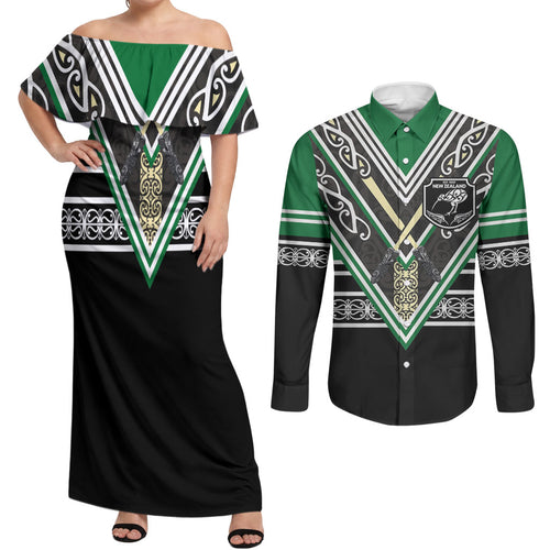 New Zealand Maori Rugby Custom Couples Matching Off Shoulder Maxi Dress and Long Sleeve Button Shirt Aotearoa Koru Geometric - Naturalistic Green