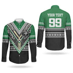 New Zealand Maori Rugby Custom Couples Matching Off Shoulder Maxi Dress and Long Sleeve Button Shirt Aotearoa Koru Geometric - Naturalistic Green