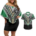New Zealand Maori Rugby Custom Couples Matching Off Shoulder Short Dress and Hawaiian Shirt Aotearoa Koru Geometric - Naturalistic Green