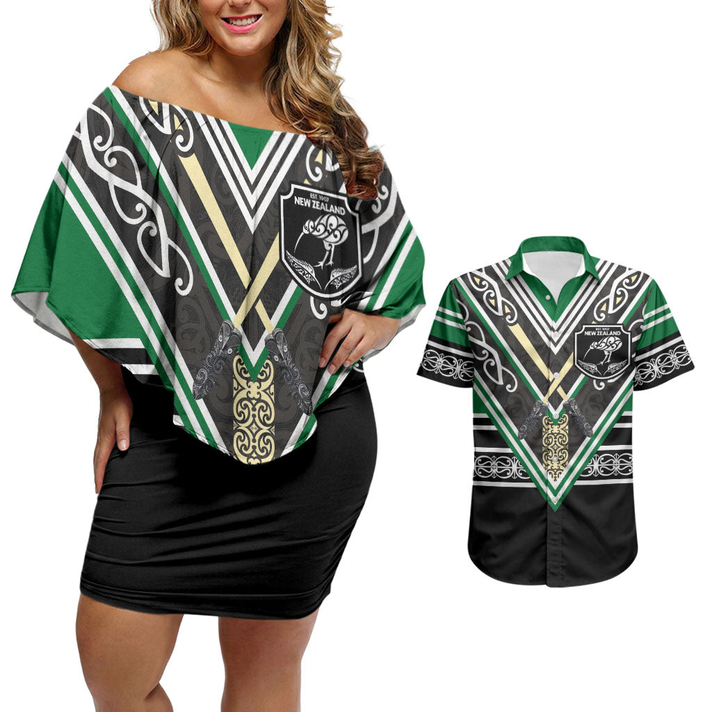 New Zealand Maori Rugby Custom Couples Matching Off Shoulder Short Dress and Hawaiian Shirt Aotearoa Koru Geometric - Naturalistic Green